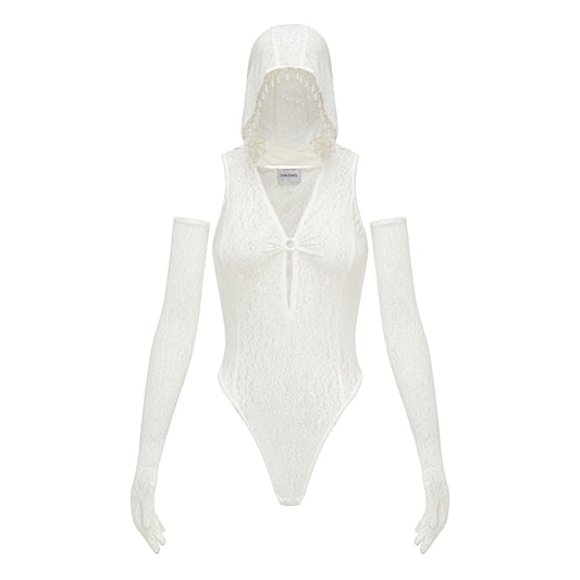 WHITE HOODED LACE BODYSUIT WITH PEARLS