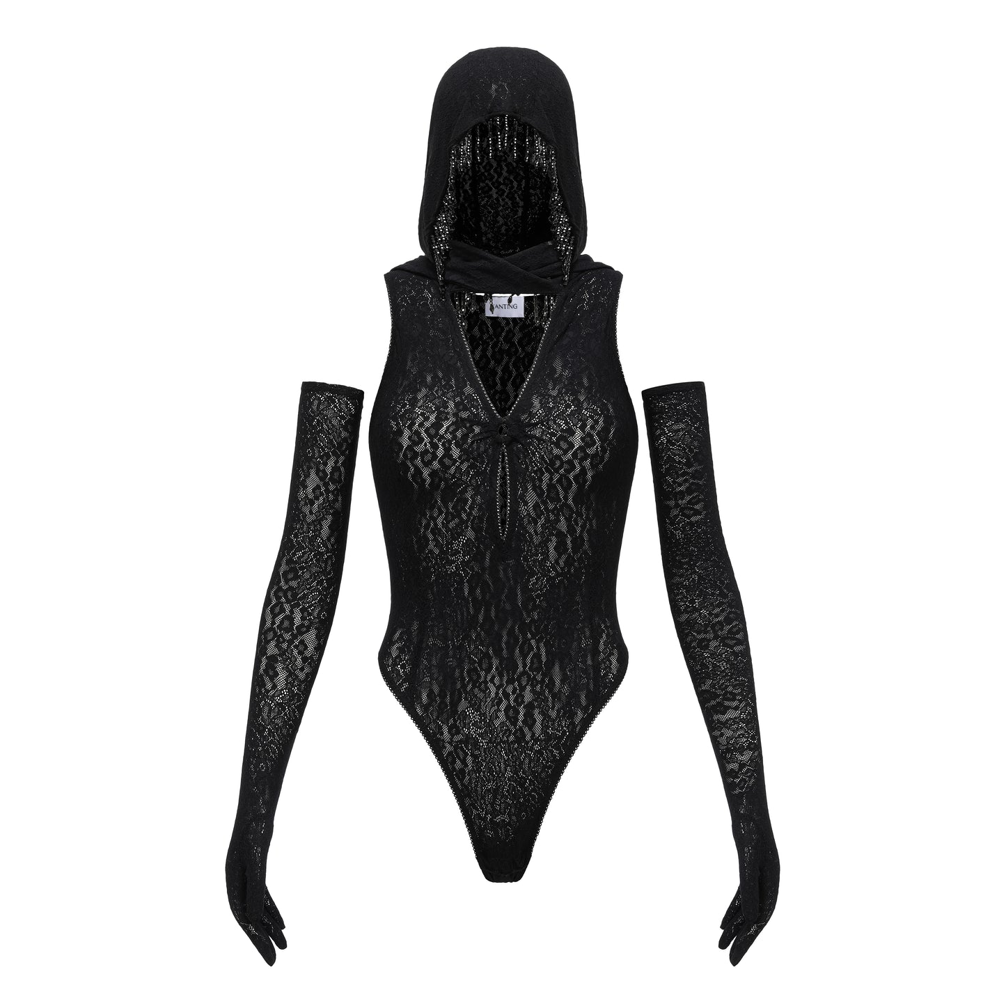 BLACK HOODED LACE BODYSUIT WITH PEARLS