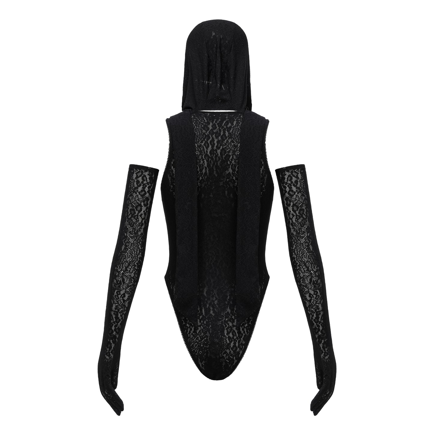 BLACK HOODED LACE BODYSUIT WITH PEARLS