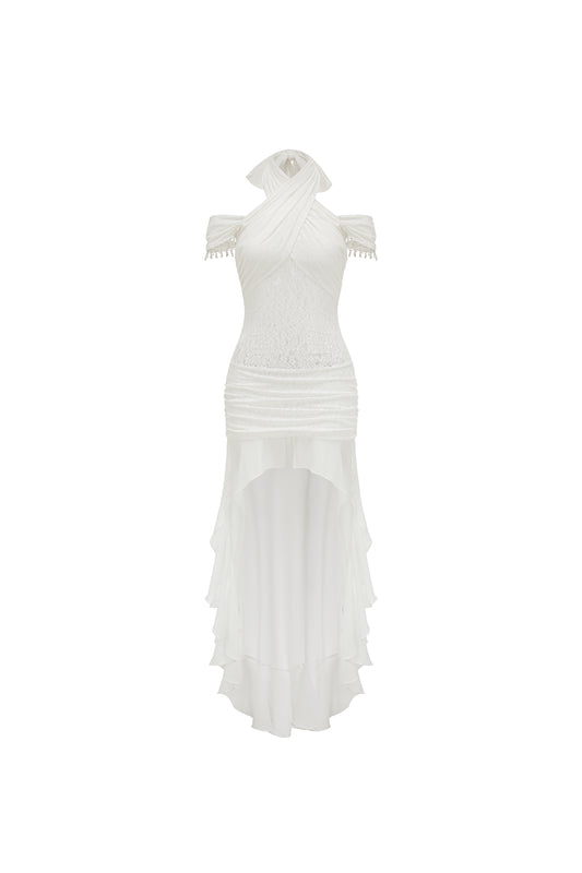 WHITE HALTER NECK LACE DRESS WITH TAIL