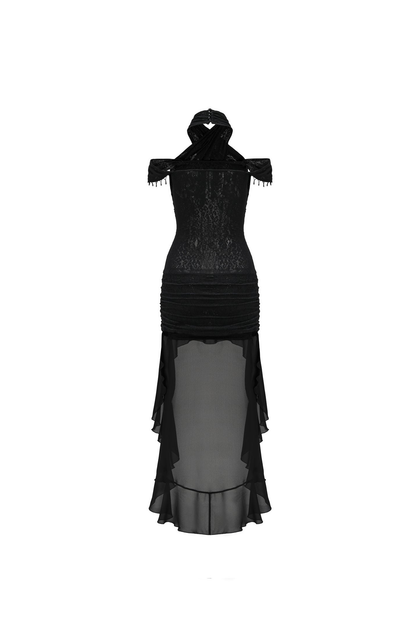 BLACK HALTER NECK LACE DRESS WITH TAIL