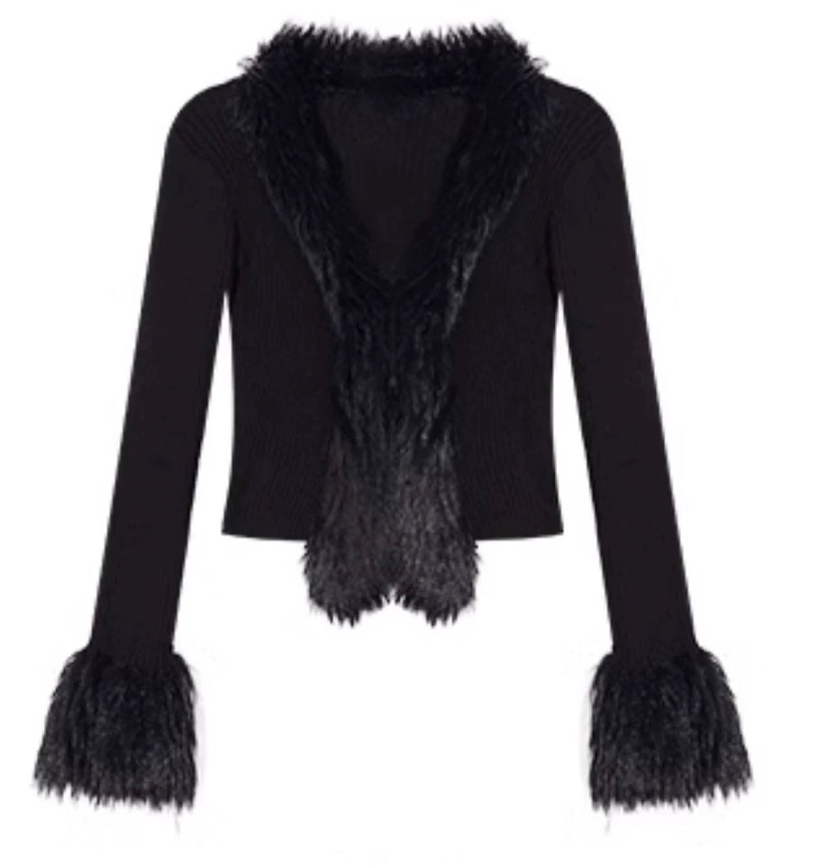 BLACK KNITTED FUR CARDI