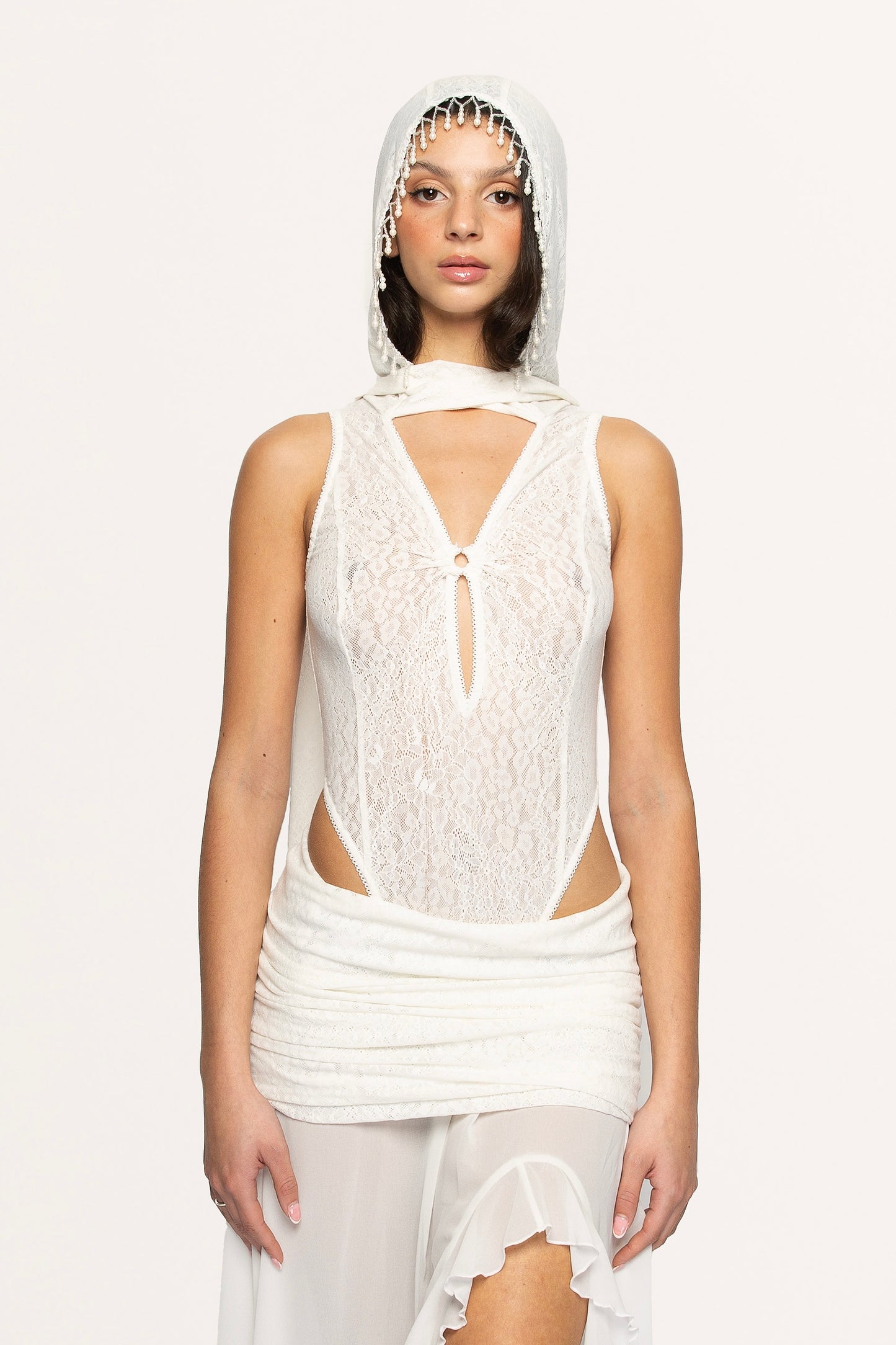 WHITE HOODED LACE BODYSUIT WITH PEARLS