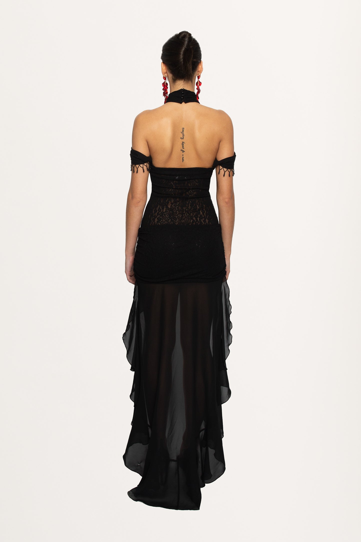 BLACK HALTER NECK LACE DRESS WITH TAIL