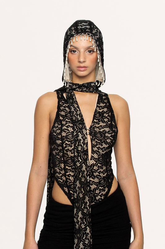 DOUBLE LACE HOODED BODYSUIT WITH PEARLS