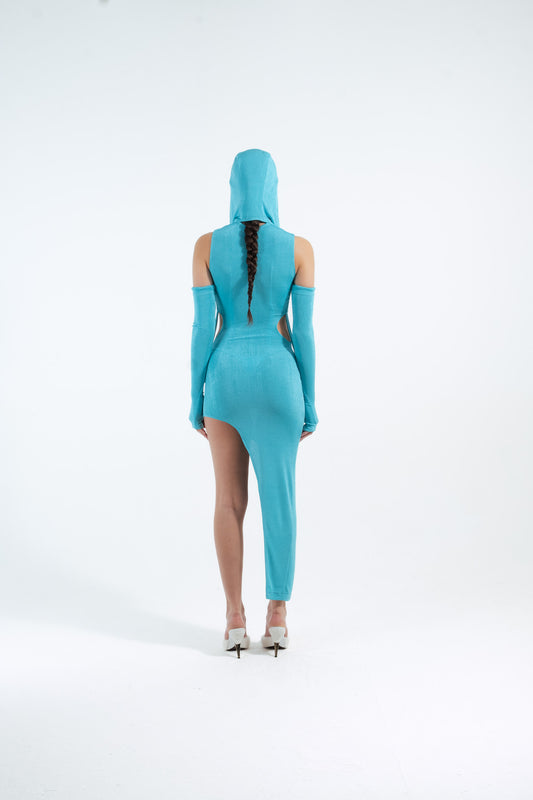 BLUE ASYMMETRICAL HOODED DRESS